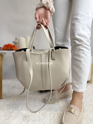 Beżowa Torebka Shopper Skóra Naturalna