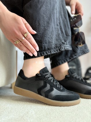Czarne Skórzane Sneakersy przed Kostkę z Ozdobnymi Przeszyciami