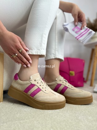 Zamszowe Sneakersy Taupe-Róż Skóra Naturalna
