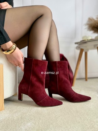 Bordowe Botki Damskie  Zamszowe Na Szpilce Naturalna Skóra