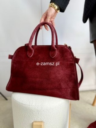 Bordowa Skórzana Torebka Damska Kufer Zamsz