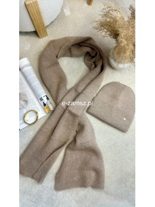 Beżowy Ciepły Zestaw Czapka i Szalik 2 w 1