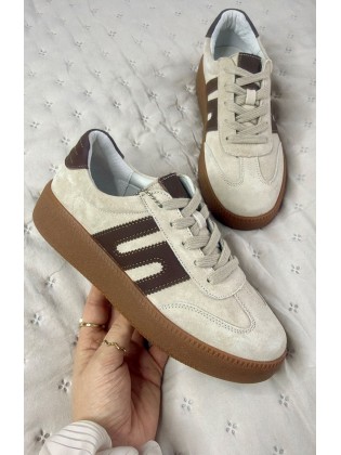 Beżowo Brązowe Sneakersy Damskie Naturalny Zamsz Lekkie Miękkie