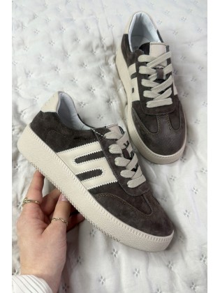 Brązowo Beżowe Sneakersy Damskie Naturalny Zamsz Lekkie Miękkie