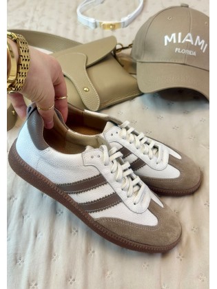 Biało Brązowe Sneakersy Damskie Skóra Naturalna