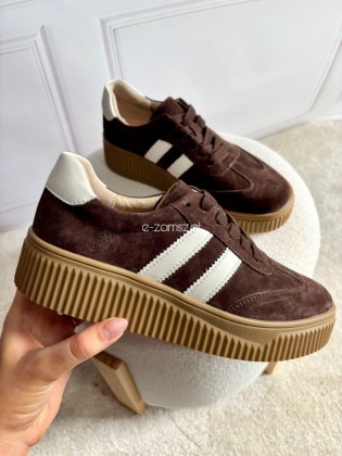 Brązowe Sneakersy na Wyższej Karbowanej Podeszwie Skóra Zamszowa